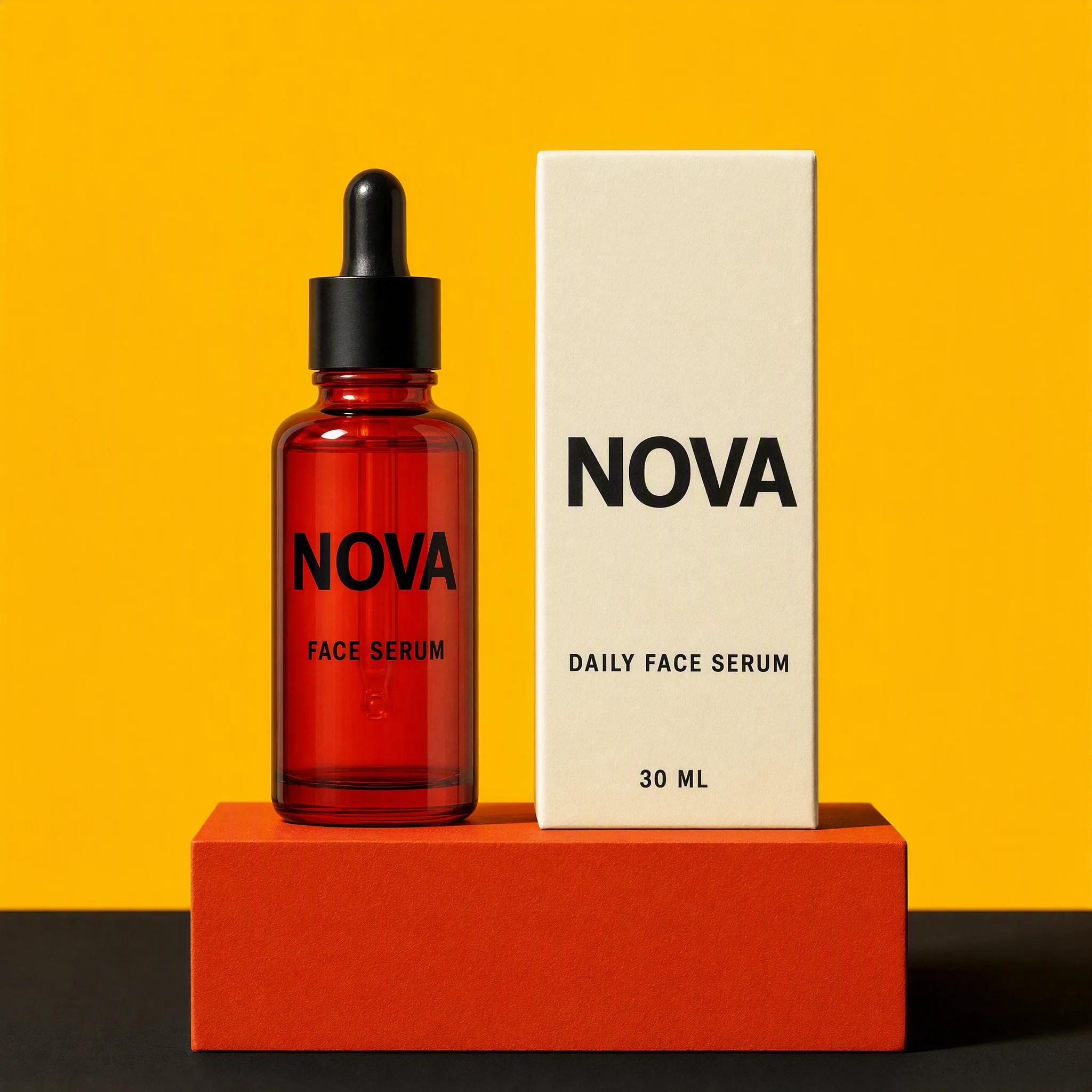 NOVA face serum bottle and carton with crisp product-label typography on a yellow studio background.