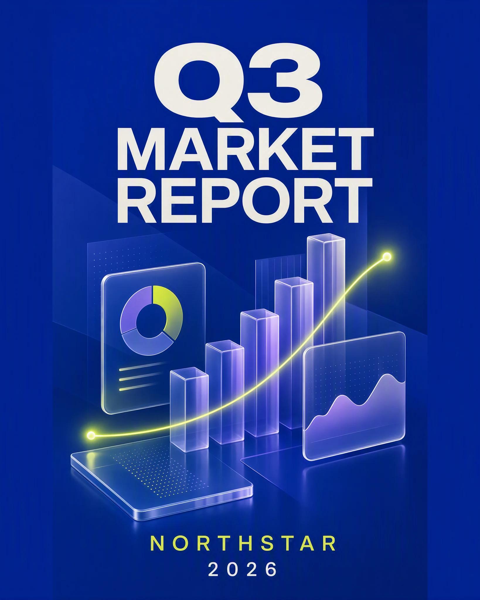 Four-by-five SaaS market report cover with Q3 MARKET REPORT, NORTHSTAR and 2026 typography.