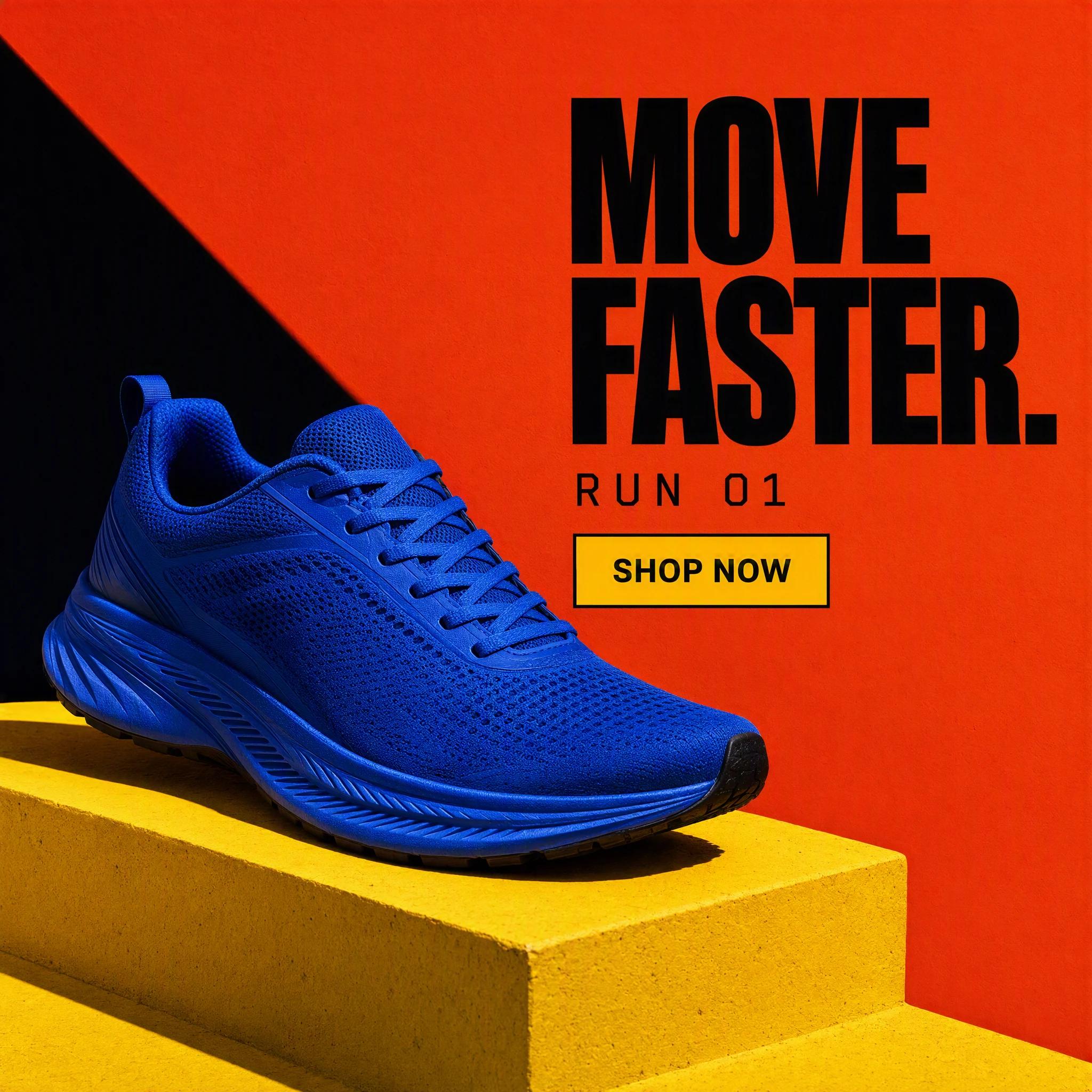 Cobalt-blue running shoe campaign creative with MOVE FASTER., RUN 01 and SHOP NOW typography.