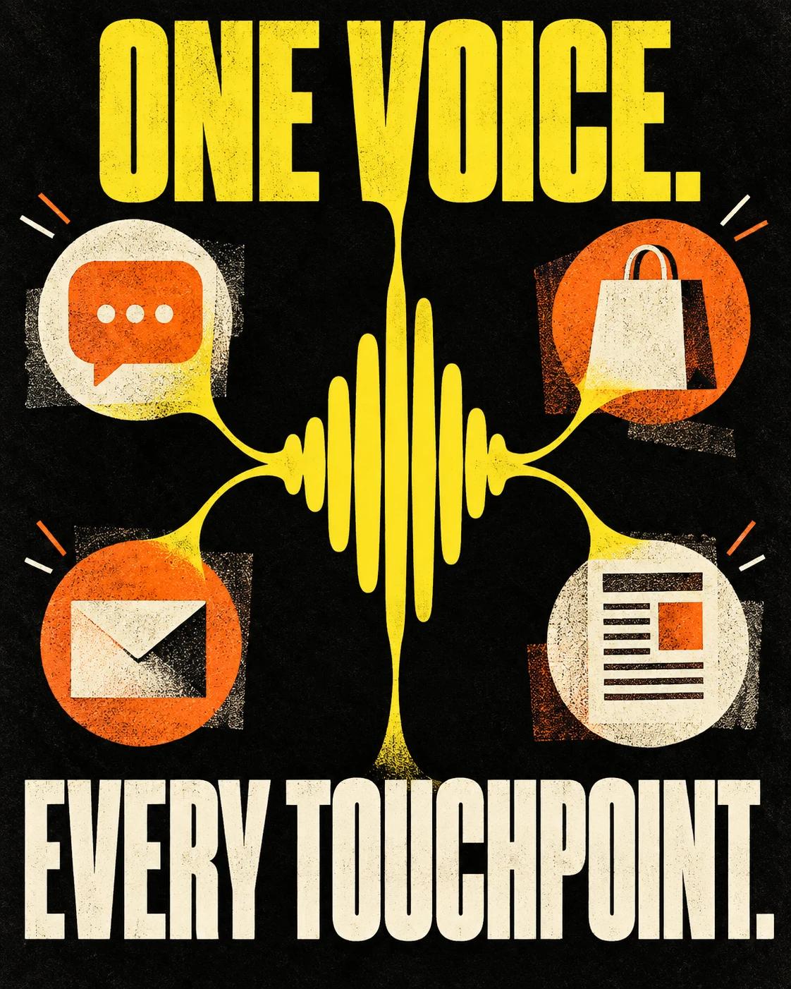 Risograph poster reading ONE VOICE. EVERY TOUCHPOINT. with chat, commerce, email and article symbols connected by one waveform.