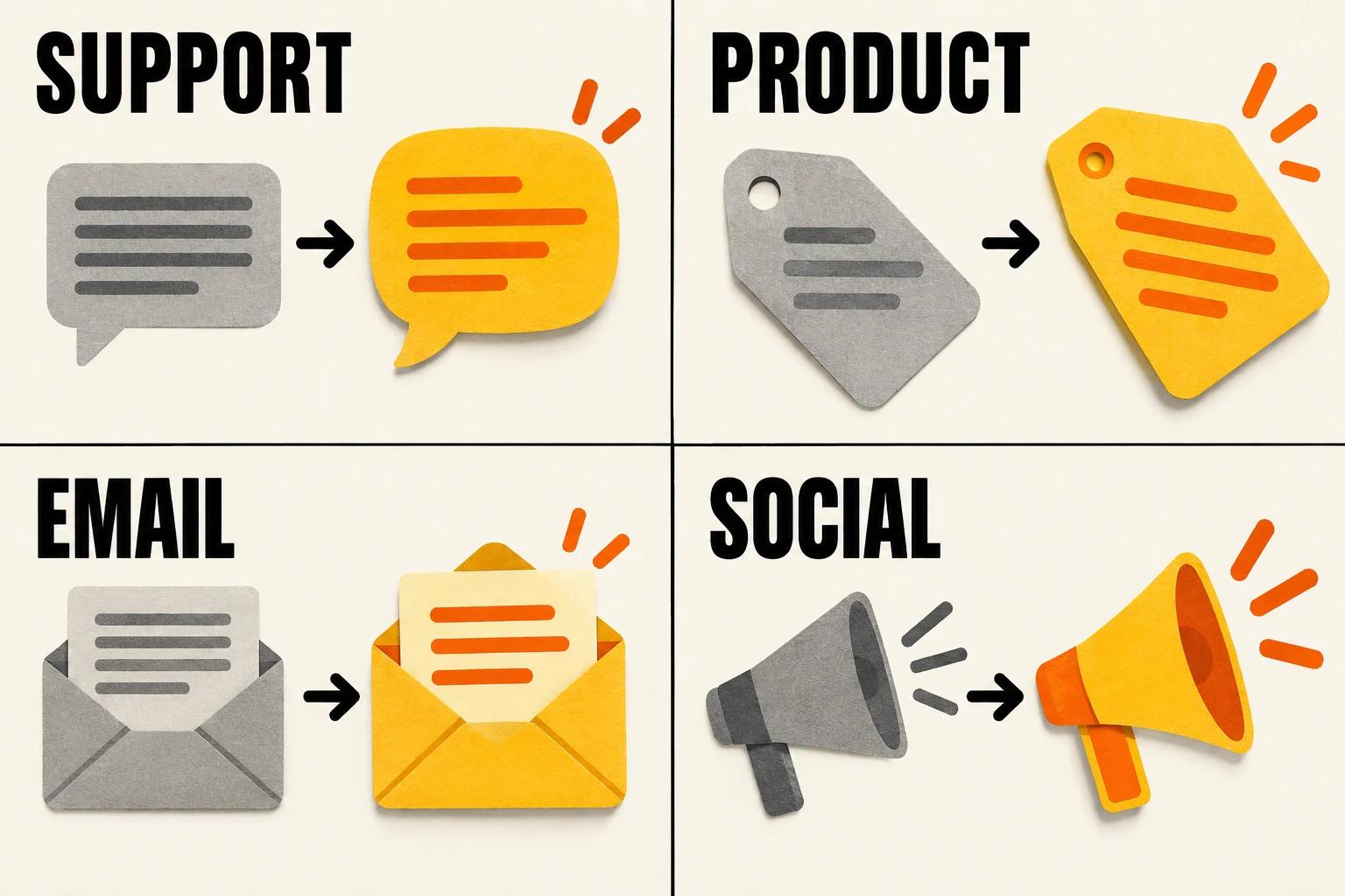 Four-panel illustration showing support, product, email and social drafts changing from gray mechanical copy into warm brand language.