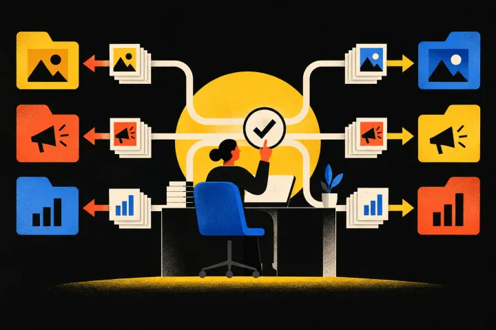Editorial illustration of one agency workflow branching into repeatable client delivery