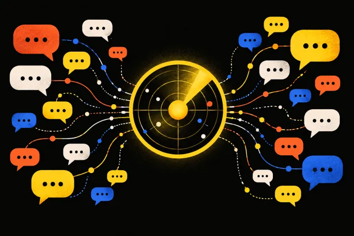 Editorial illustration of many public conversations converging into one insight