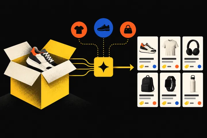 Editorial illustration of a product feed becoming enriched catalogue cards