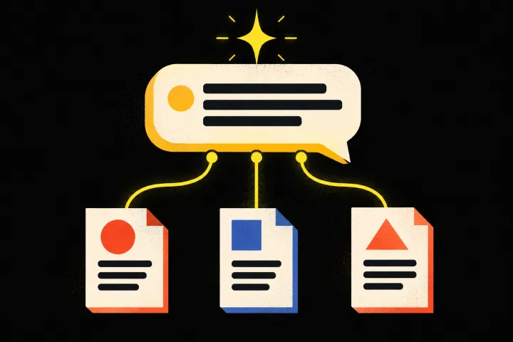 Editorial illustration of an answer assembled from connected source documents