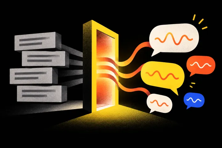 Editorial illustration of rigid text transforming into natural speech