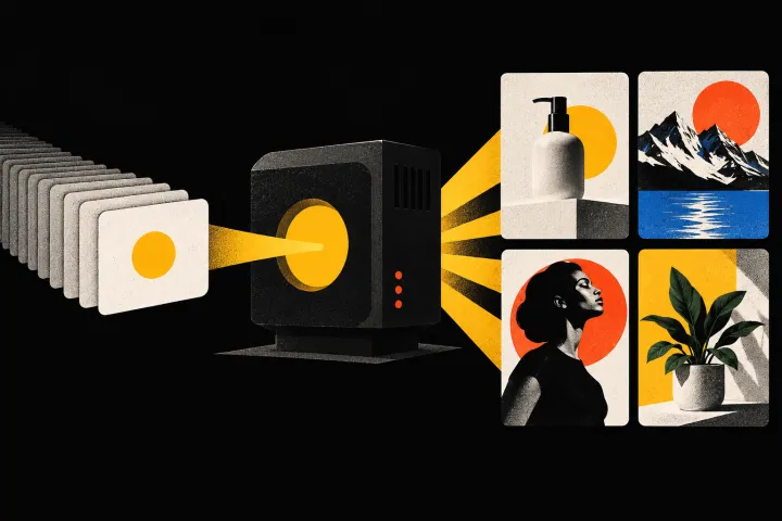 Editorial illustration of one prompt generating a grid of varied image assets