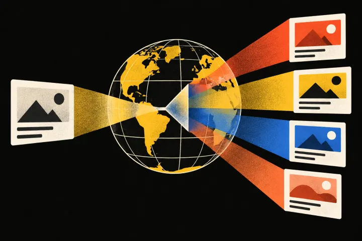 Editorial illustration of one source message adapting into regional versions