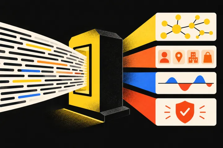 Editorial illustration of text becoming topics, entities, sentiment and safety signals