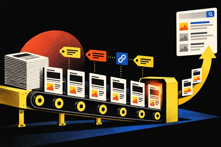 Editorial illustration of bulk web pages moving through a publishing and search workflow