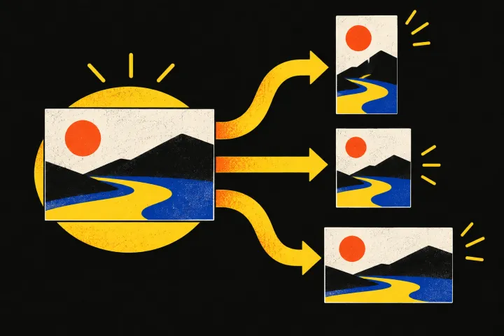 Editorial illustration of one source asset branching into multiple social formats