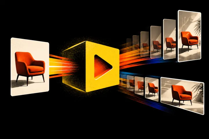 Editorial illustration of a product image becoming storyboard and video formats