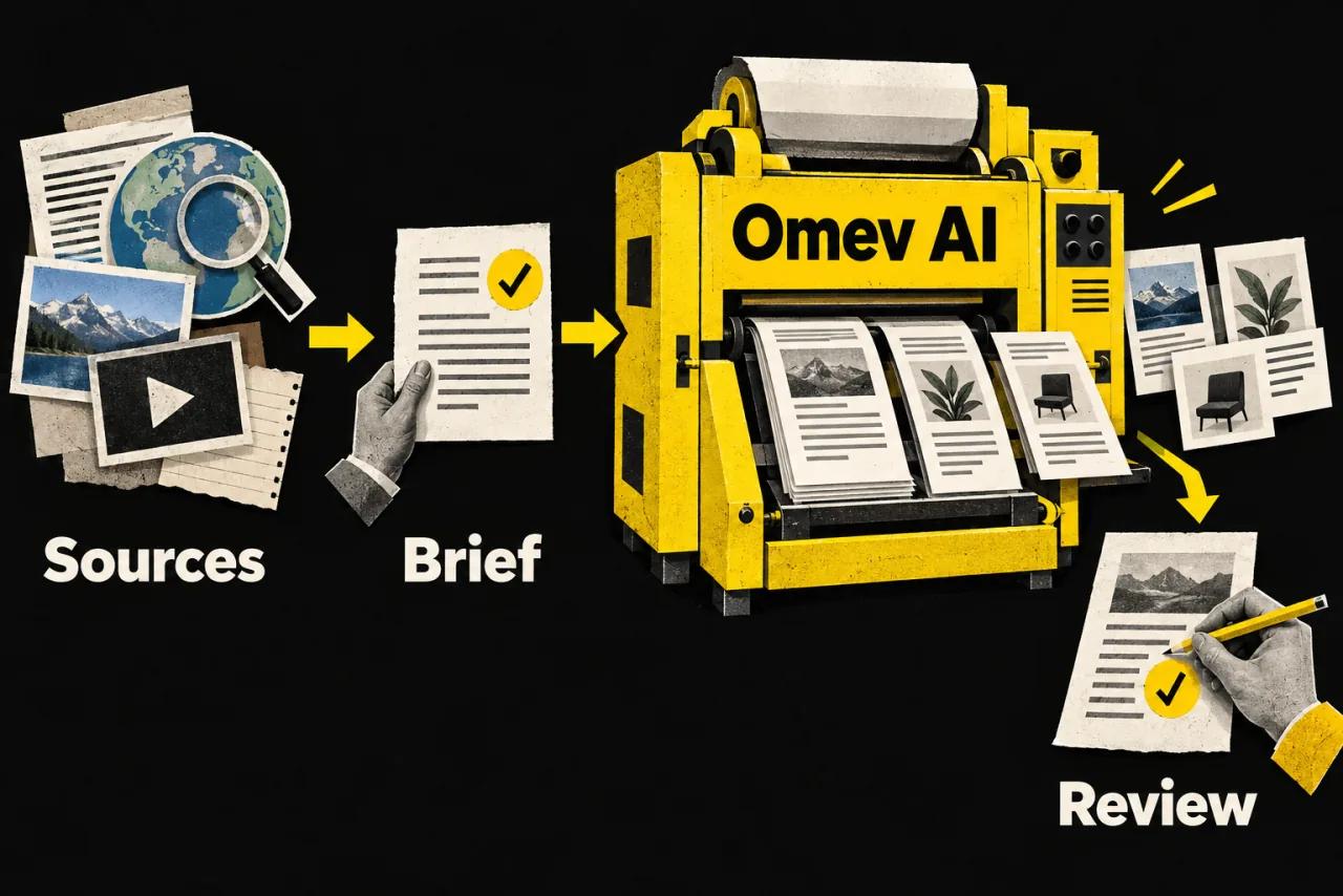 Source material becomes a brief, content drafts and reviewed output through Omev AI.
