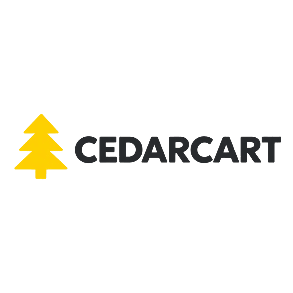 Actual Omev-generated CEDARCART logo: yellow geometric cedar tree and charcoal wordmark on transparent PNG