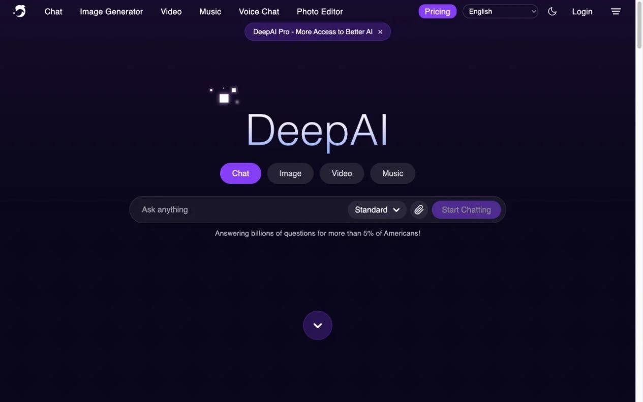 Screenshot of the DeepAI homepage, captured on 2026-10-19