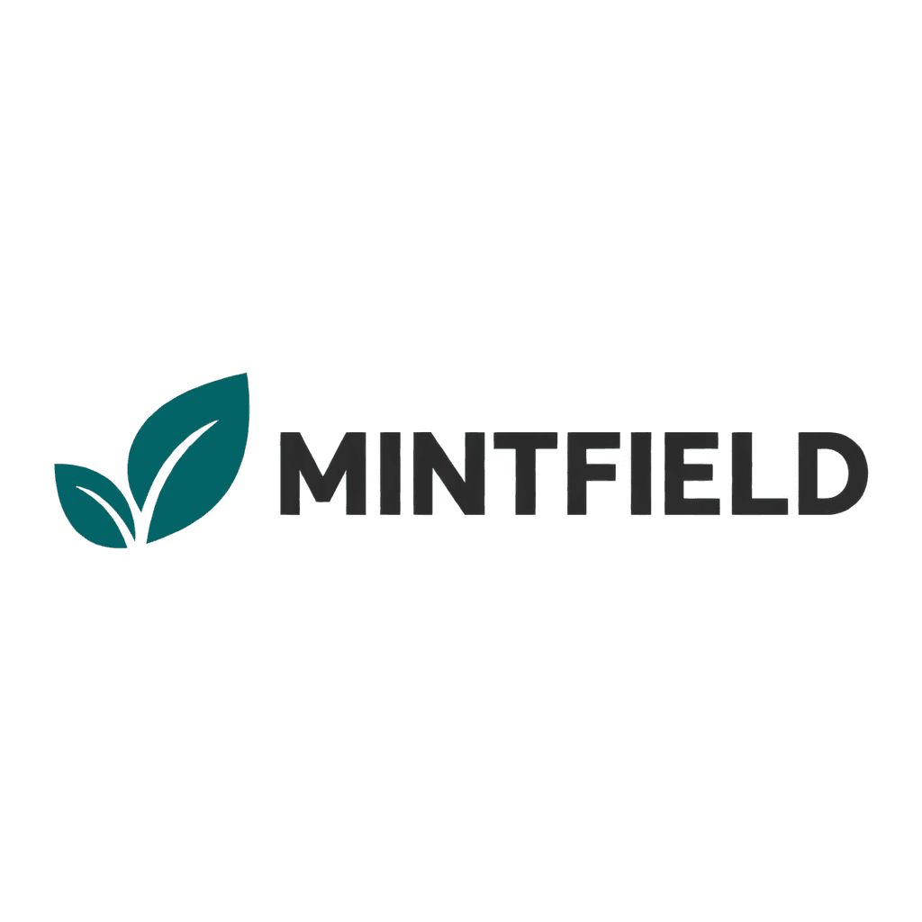 Actual Omev-generated MINTFIELD logo: teal leaf mark and charcoal wordmark on transparent PNG