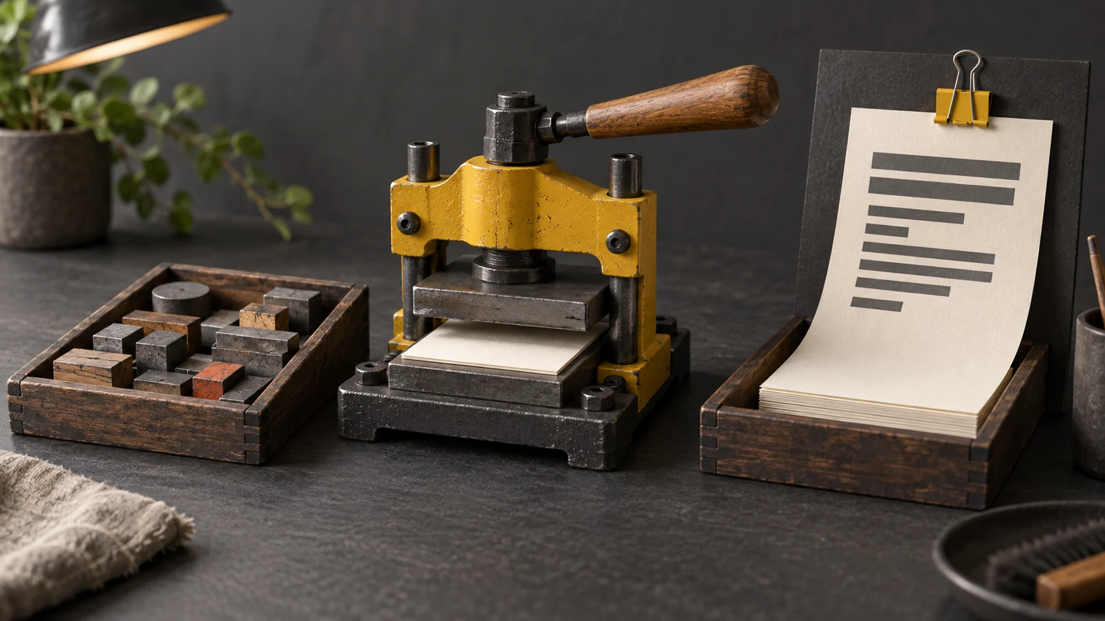 Yellow letterpress with modular type blocks and an ivory article sheet clipped to a review board.