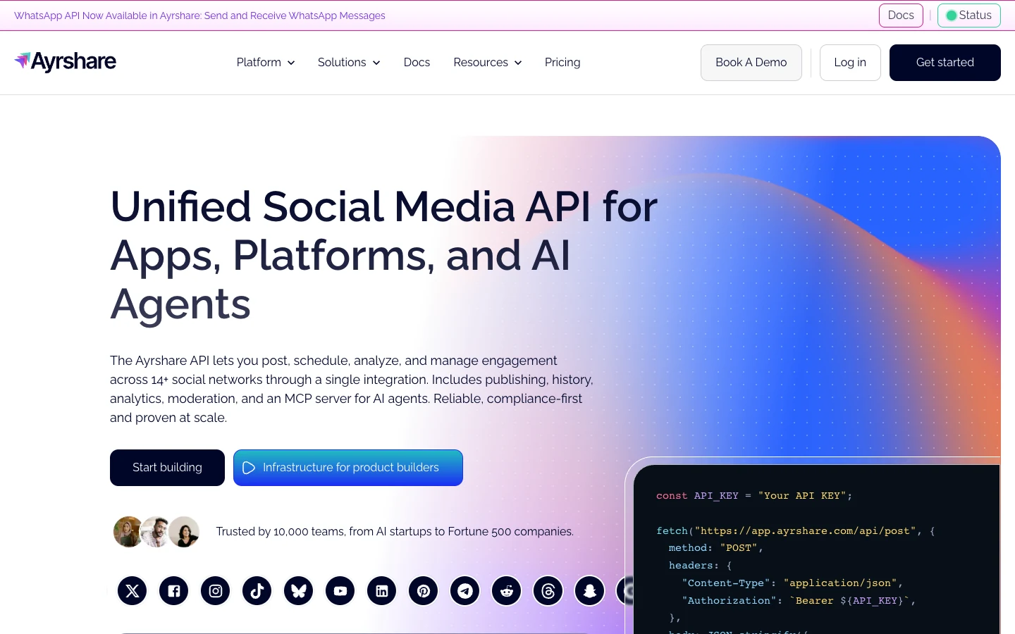 Screenshot of the Ayrshare homepage, captured on 2026-09-28