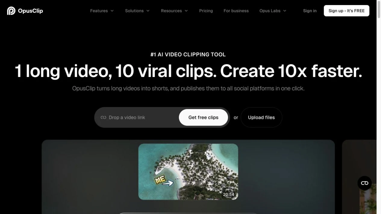 Screenshot of the OpusClip homepage, captured on 2026-09-28