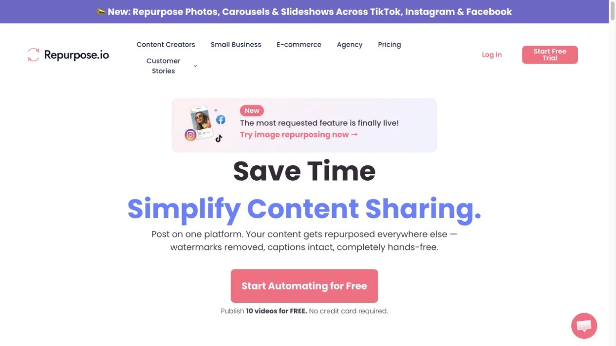 Screenshot of the Repurpose.io homepage, captured on 2026-09-28