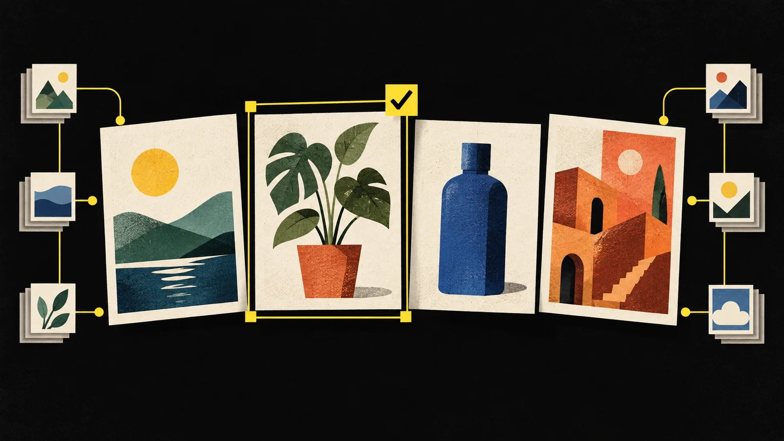 Illustration cards for SaaS products, with a yellow frame selecting one useful image.