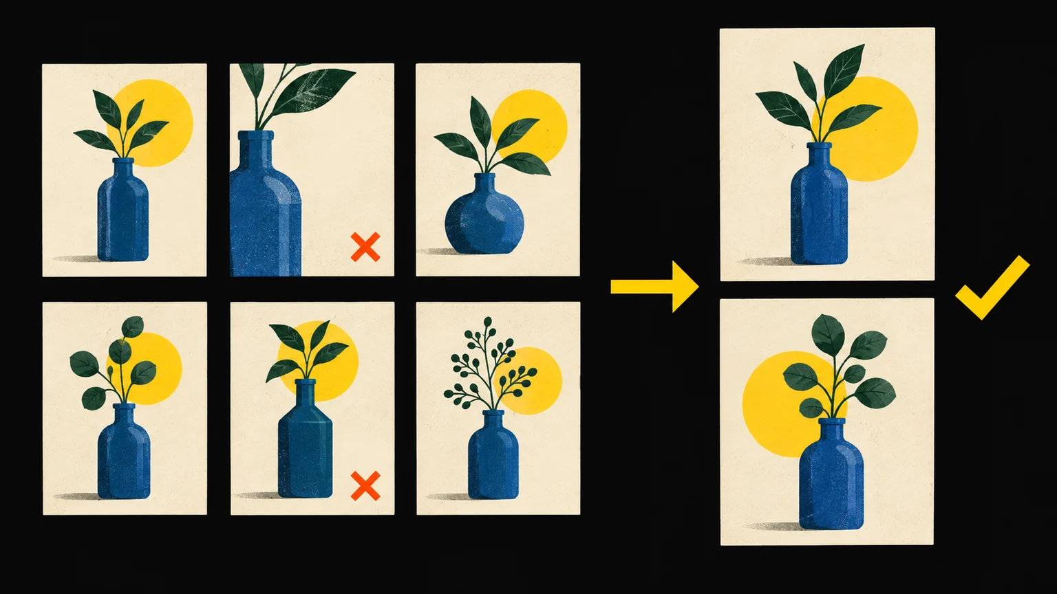 Conceptual illustration of reviewing generated image variations and selecting usable assets.