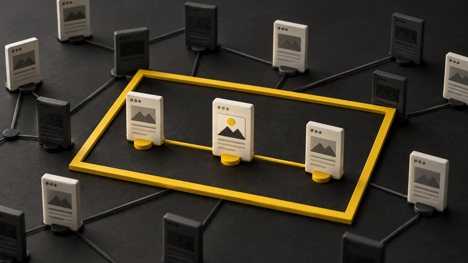Ivory page tiles on a charcoal board with a yellow frame highlighting relevant connected pages.