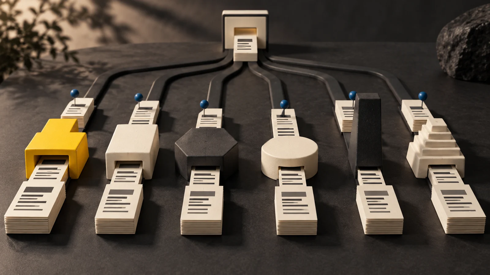 Six content-production stations process paper drafts, with a yellow station prominent among ivory and charcoal alternatives.