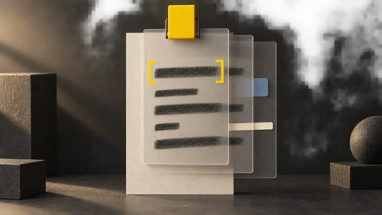 An ivory message card with layered annotations, a yellow bracket, blue topic tab and yellow binding clip.