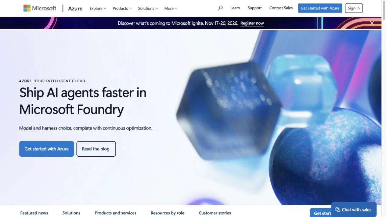Screenshot of the Microsoft Azure homepage, captured on 2026-10-19