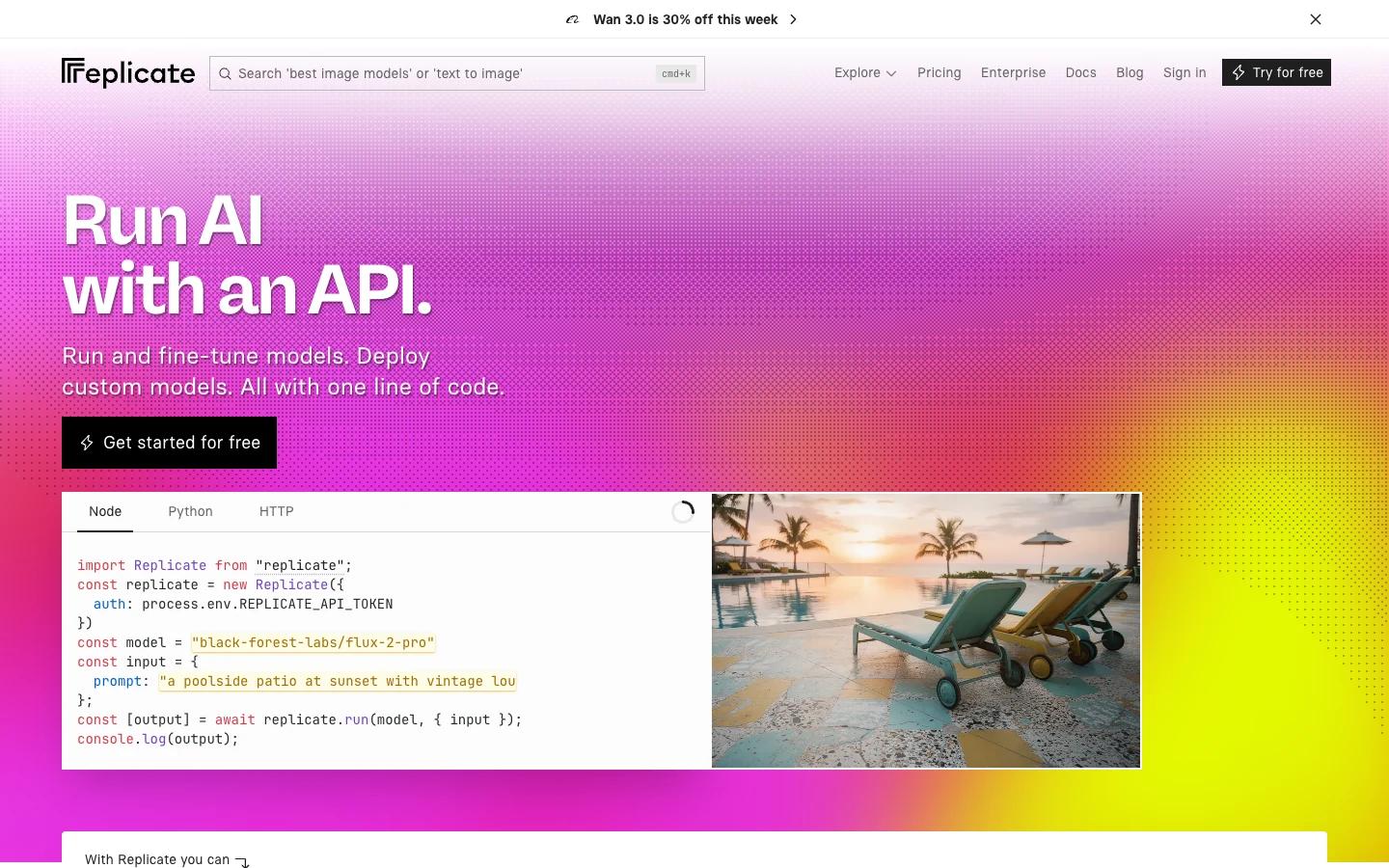 Screenshot of the Replicate homepage, captured on 2026-09-14