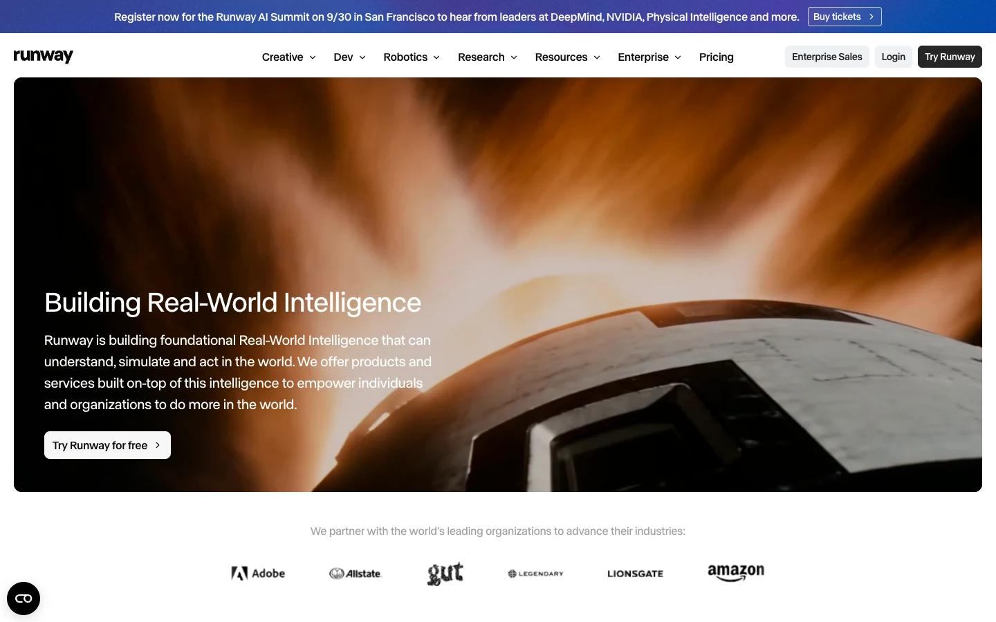 Screenshot of the Runway homepage, captured on 2026-09-14