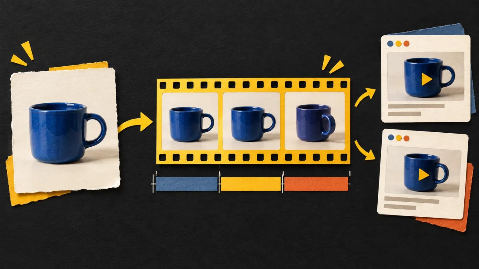 An approved blue cup photo becomes a short filmstrip and video cards in a product catalog.