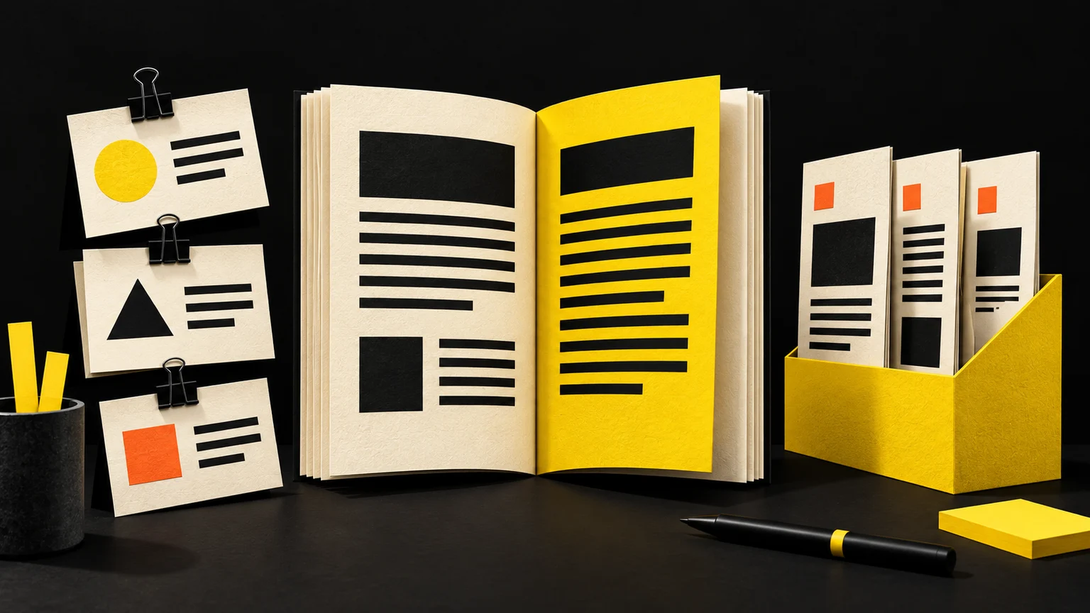 Reference cards, an open article and a yellow file holder represent an organized SEO content production process.