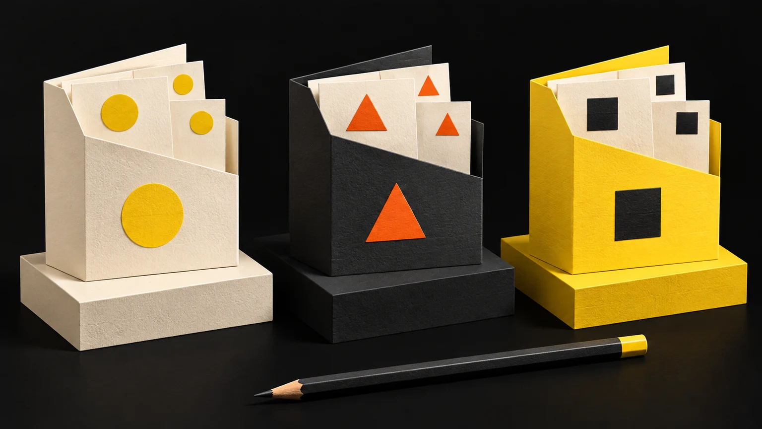 Three separate brand folders keep matching circular, triangular and square symbols consistent within their own content cards.