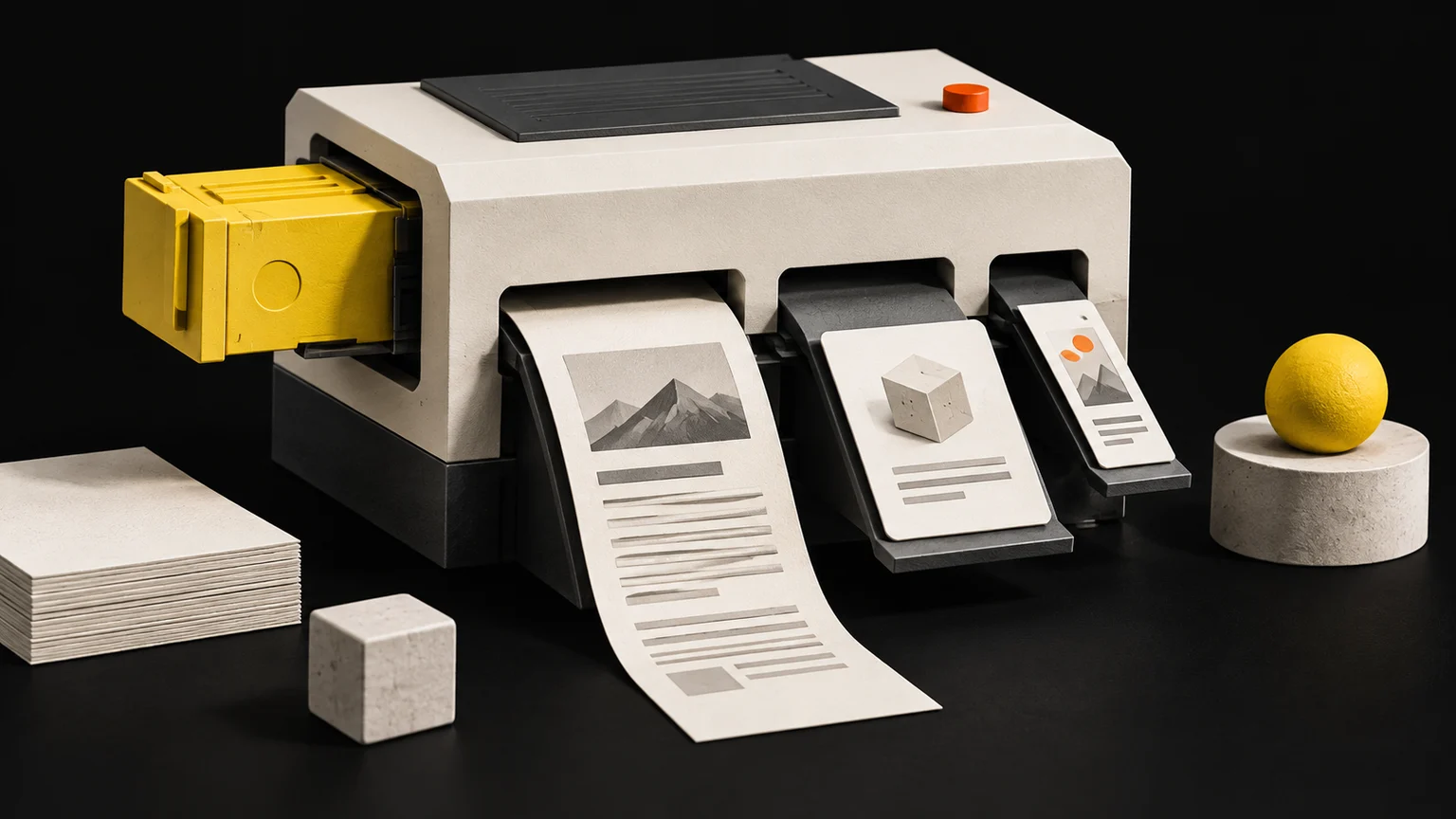 A modular yellow cartridge powers a cream content press producing an article, a product description and a short caption.