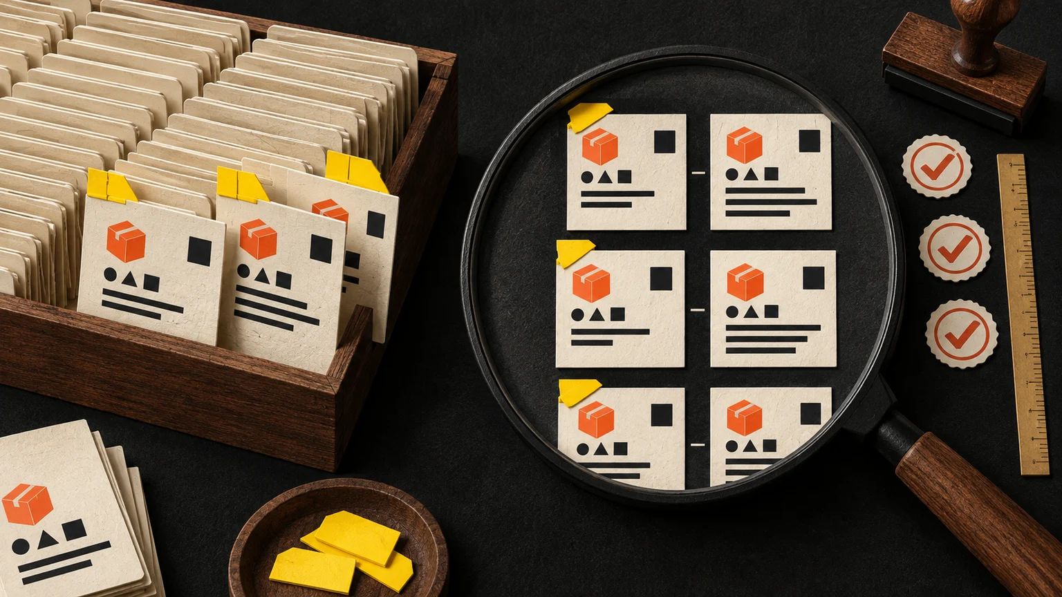 Changed catalog cards are compared with localized versions under a magnifying glass while unchanged cards remain in an archive.