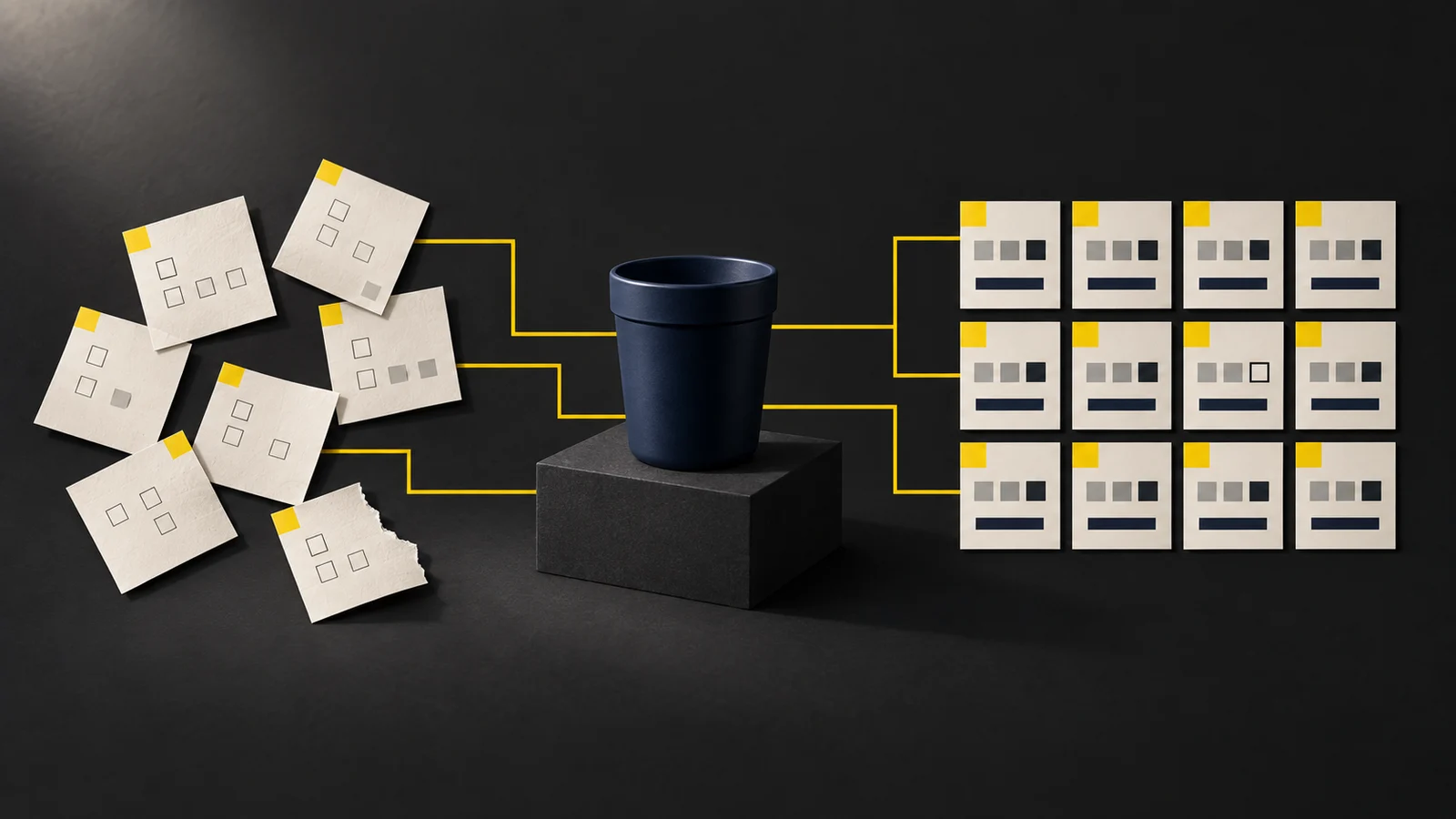 A navy cup between incomplete product cards and an organized catalog, linked by yellow paths.