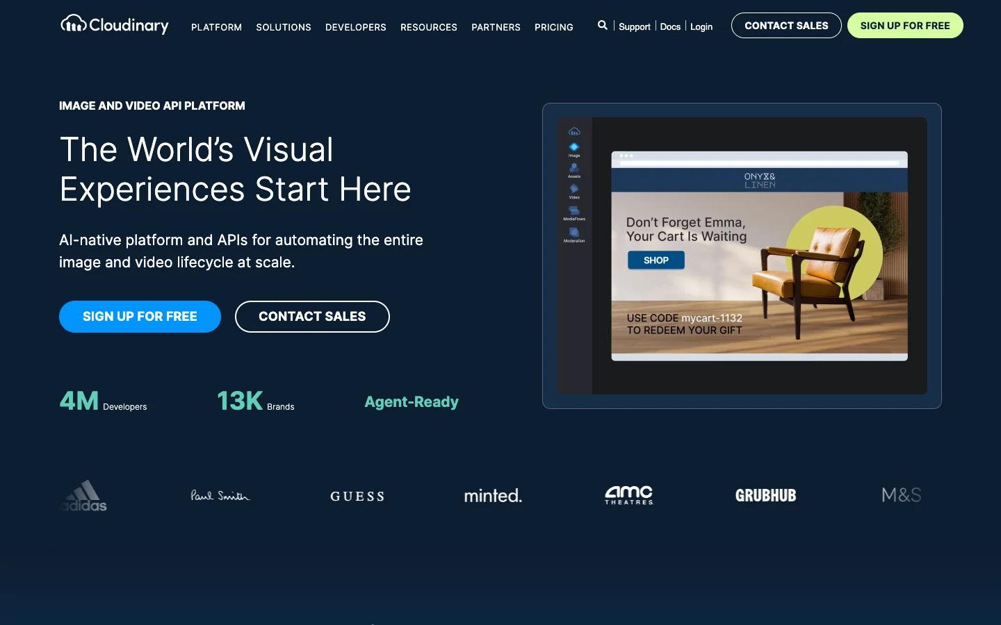 Screenshot of the Cloudinary homepage, captured on 2026-10-12