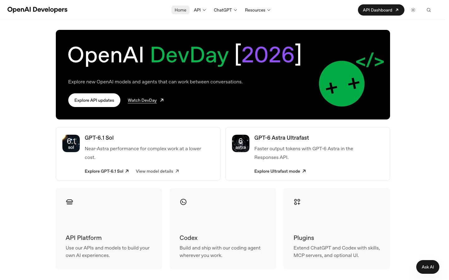 Screenshot of the OpenAI homepage, captured on 2026-10-12