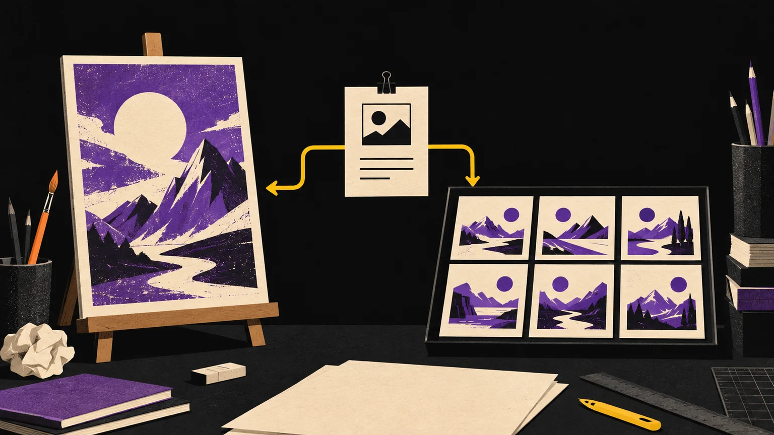A creative brief branches toward an individual art print and a tray of repeatable landscape illustrations.
