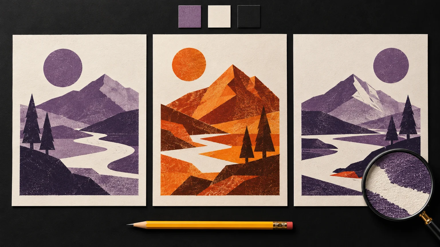 Three interpretations of one landscape brief illustrate a visual-style review when changing image providers.