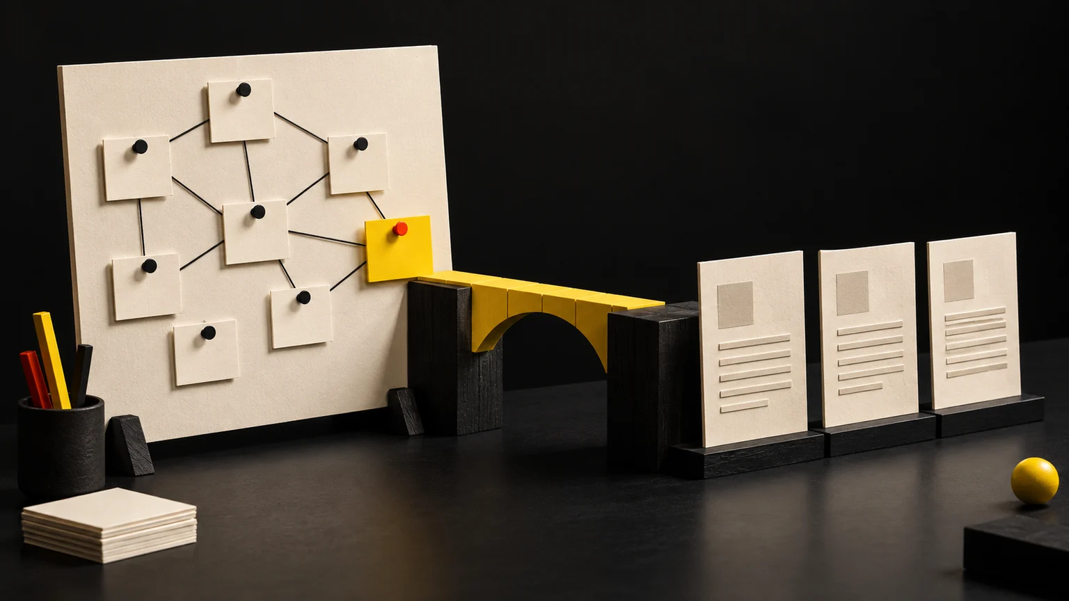 A selected yellow brief connects a board of related topics to finished article pages across a small bridge.