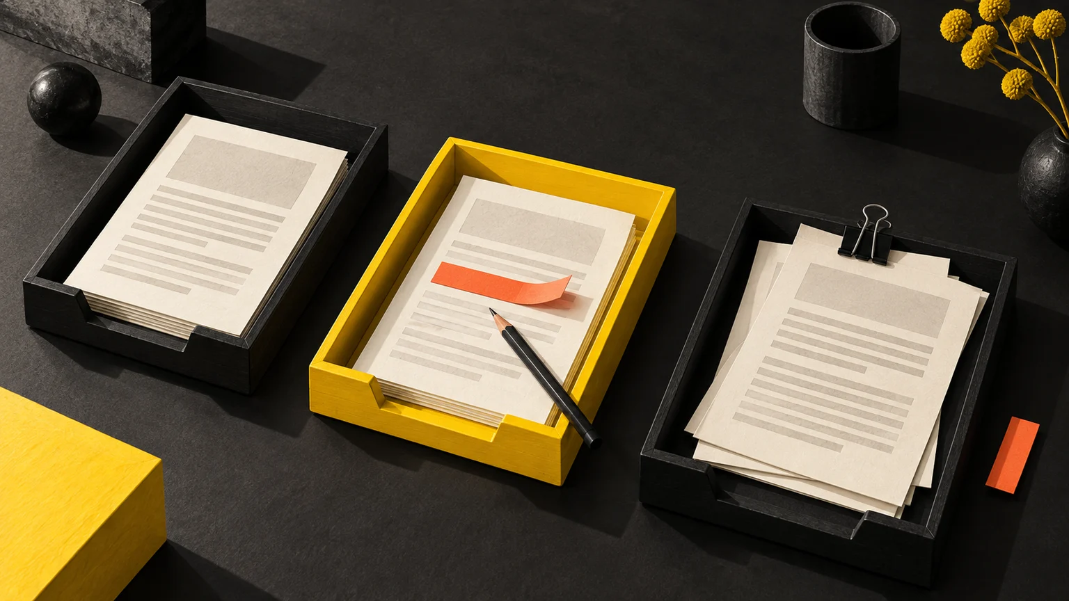 Three trays separate retained article pages, a page needing a targeted update and overlapping pages awaiting an editorial decision.