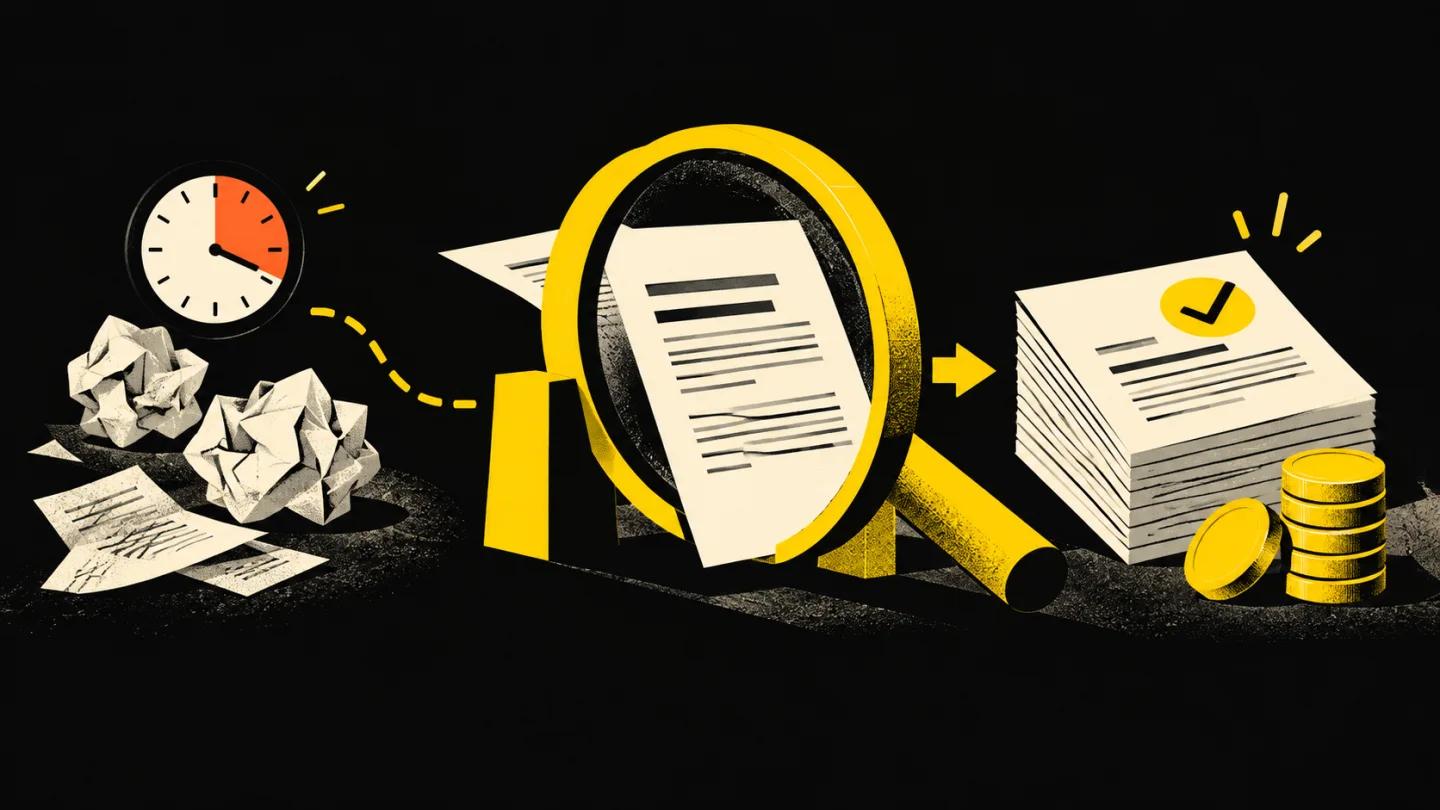 Drafts pass through an editorial checkpoint, with revision time on the left and approved pages on the right.
