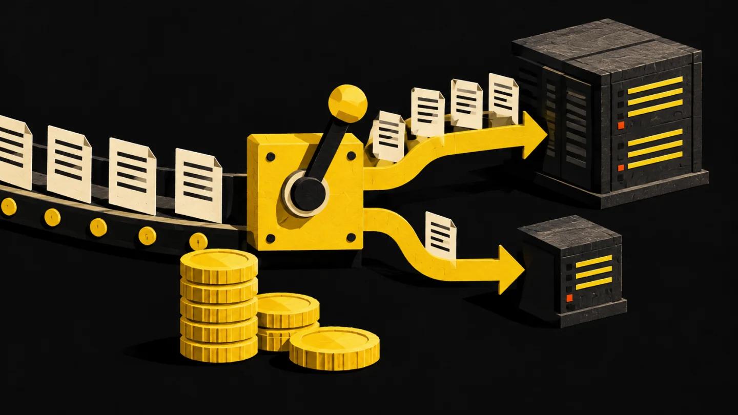 A yellow switch directs article pages to two processing units beside a stack of coins.