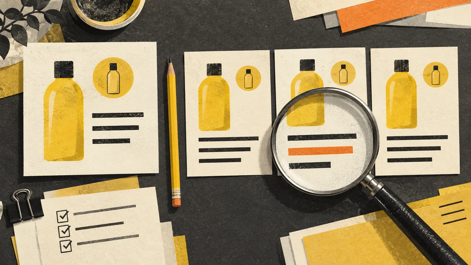 An editor compares generated product-copy cards with approved source facts through a magnifying glass.