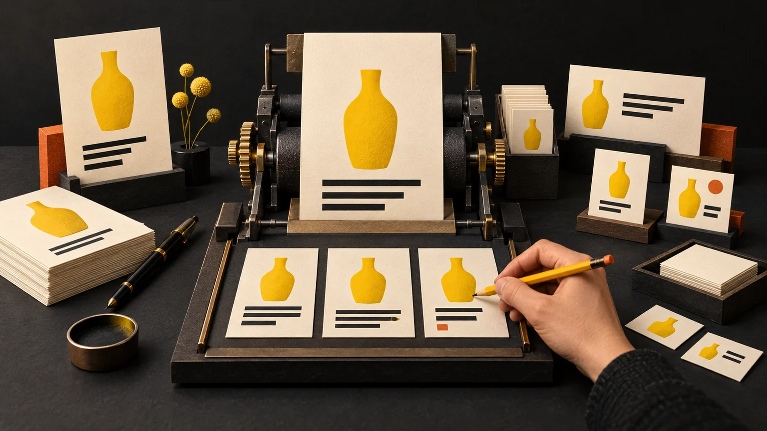 A product brief becomes a series of consistent copy cards on a small editorial printing bench.