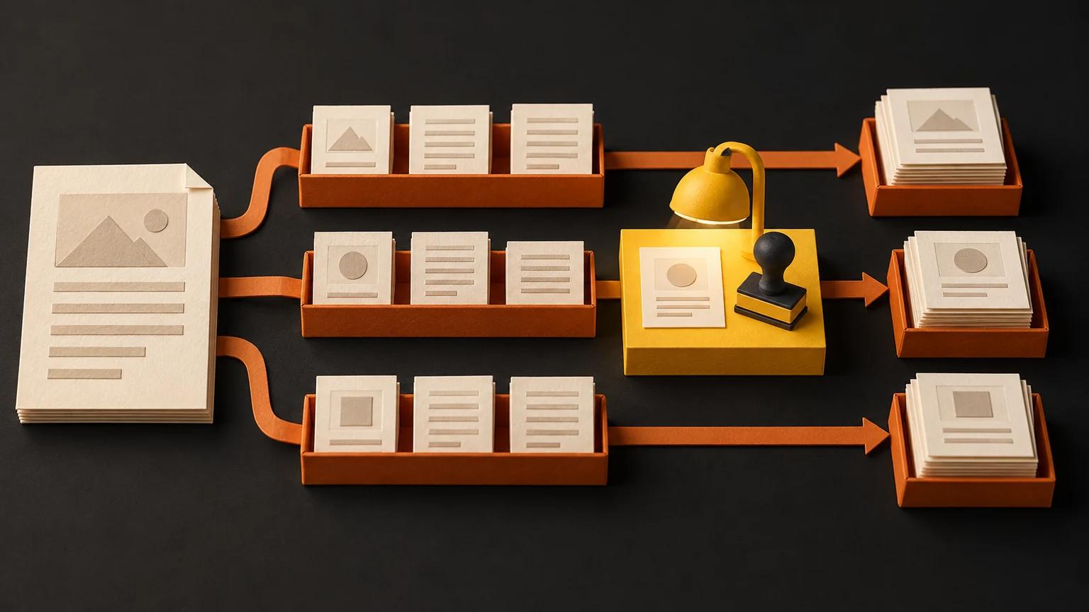 Paper article cards move from an approved brief through an editorial review desk into organized batches.