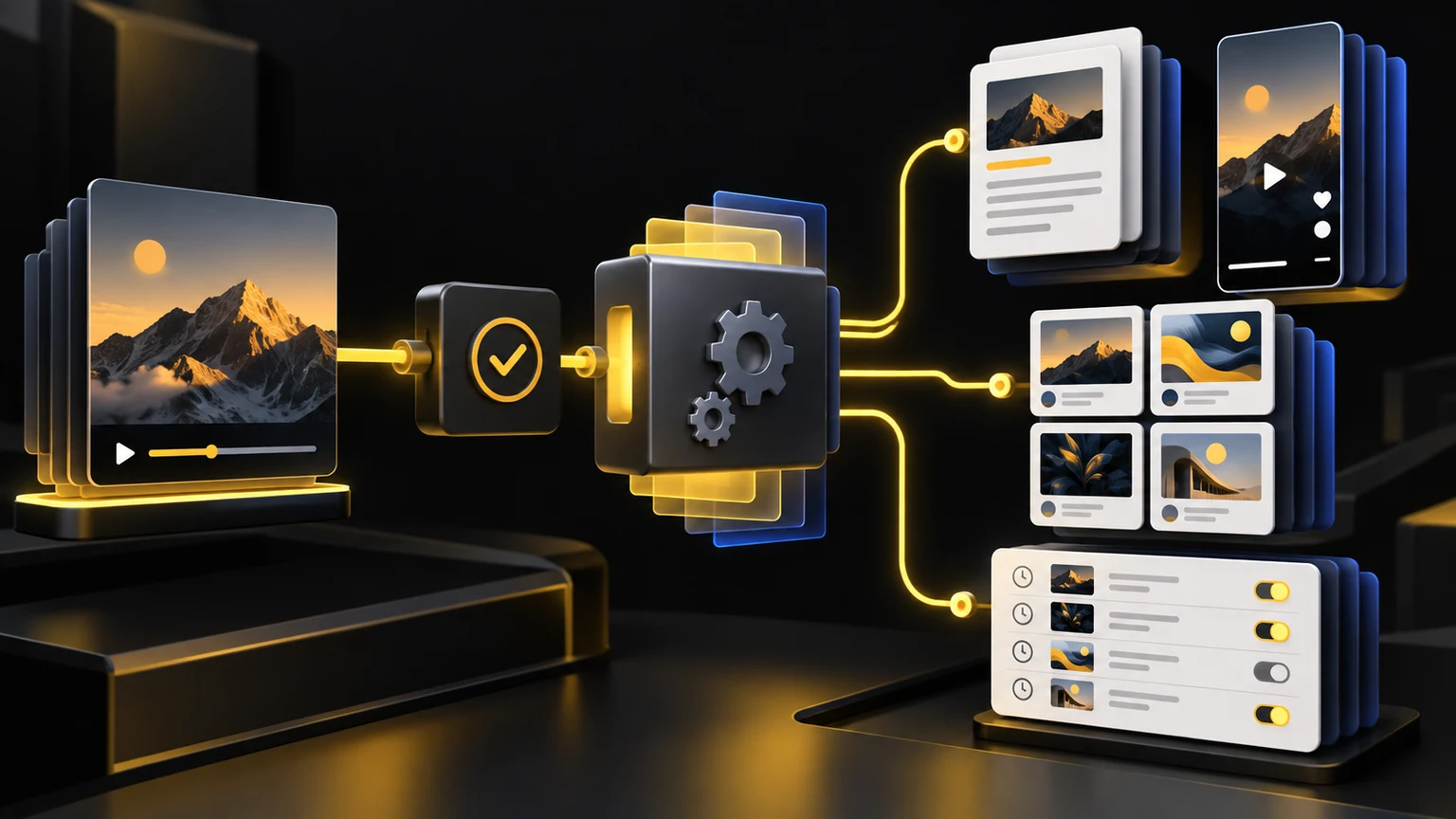 Editorial illustration of one approved source asset passing through an API approval gate and branching into text, video, social and scheduled content formats.